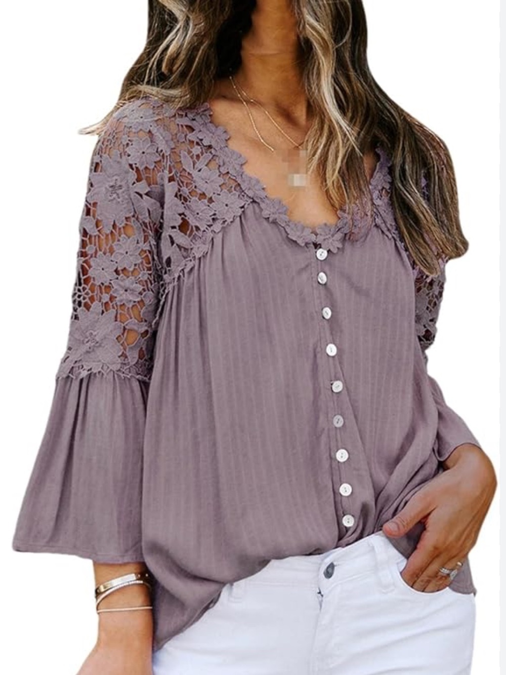 Romantic Lace V-Neck Bohemian Flowy Shirt 3/4 Flare Sleeve Casual Blouse Top S - Picture 2 of 6